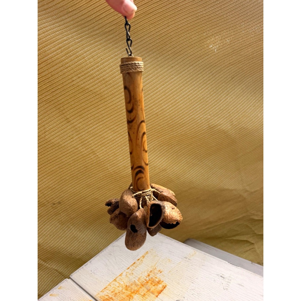 Brown Wood Wind Chime Hanging Decor - Wooden Tube Design, Brown Tone